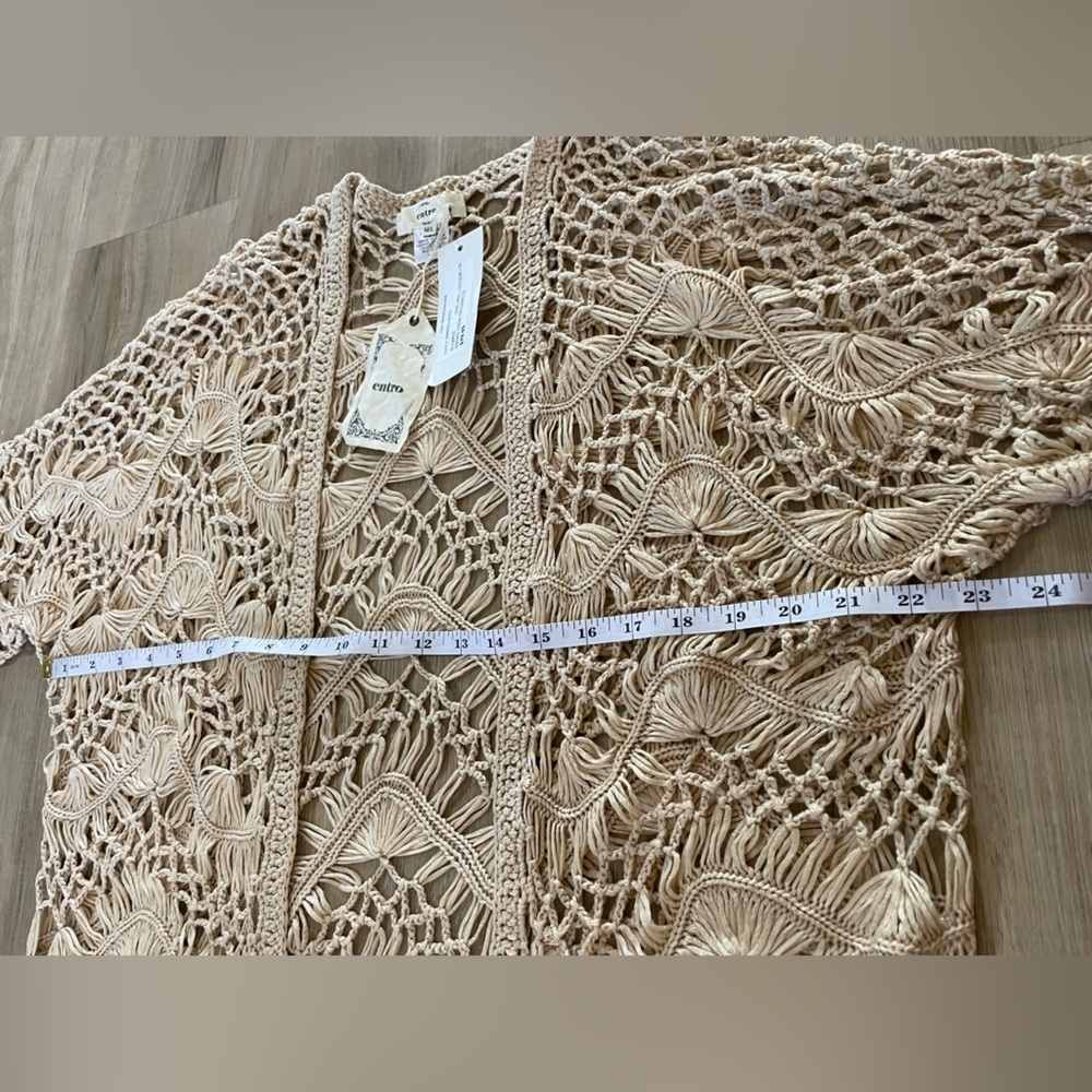 NWT- ENTRO Crocheted Beige Knit Coverup Open Cardigan. Size M/L - Picture 6 of 8